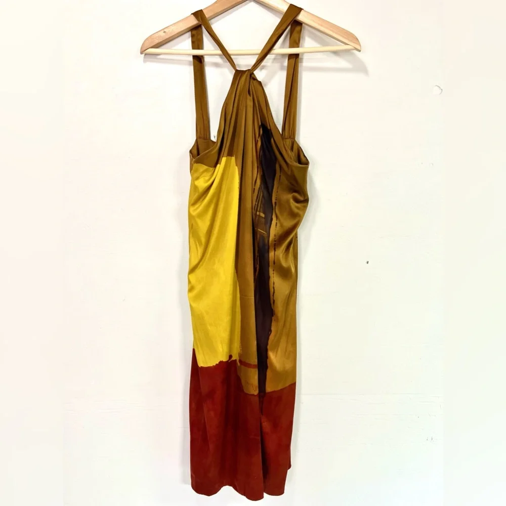 Vince Colorblock Gold, Scarlet Red and Copper Classy Cross Neck Silk Dress Small - Picture 2 of 7